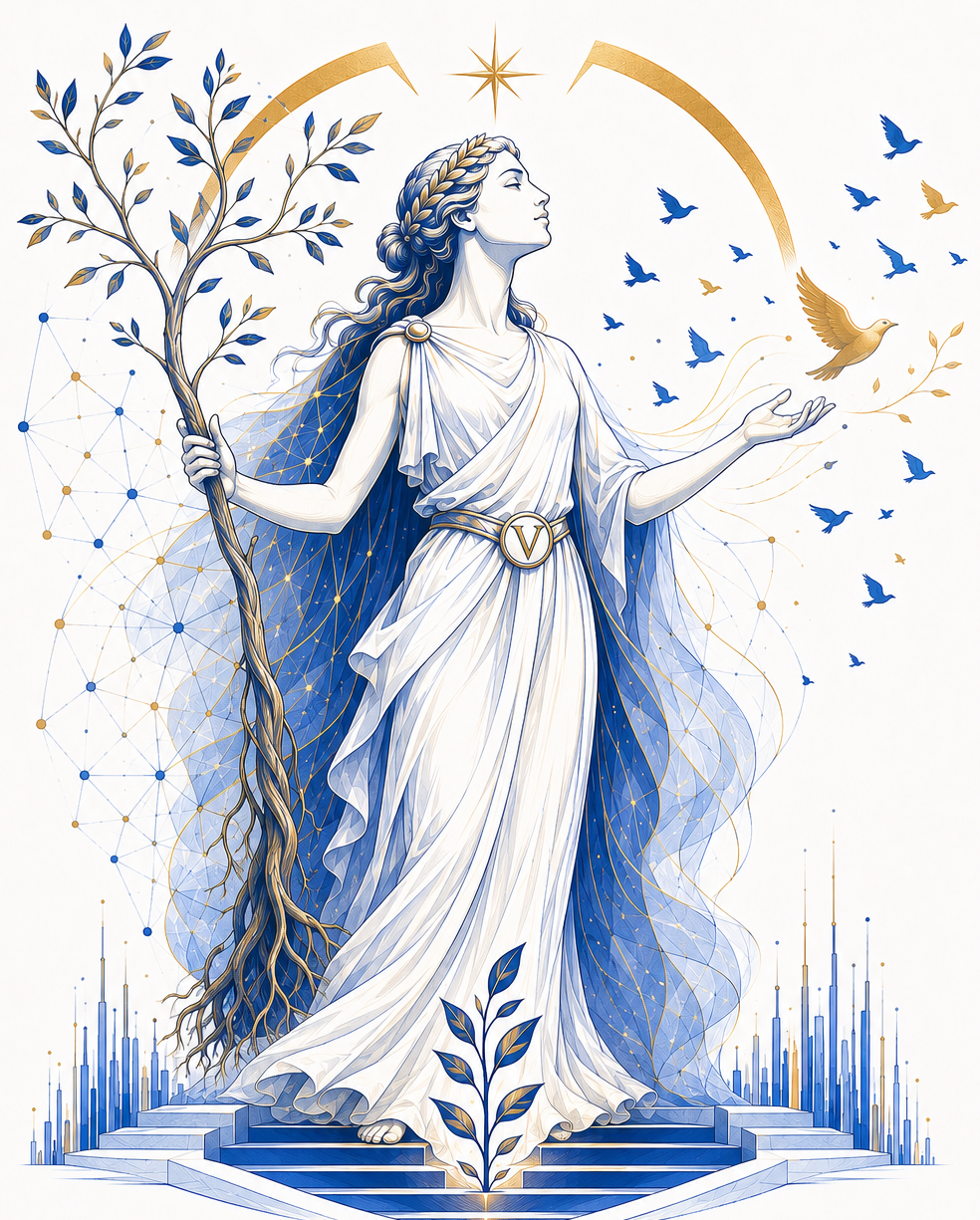Aletheia, déesse de la vérité, tenant un arbre vivant, entourée d'oiseaux
